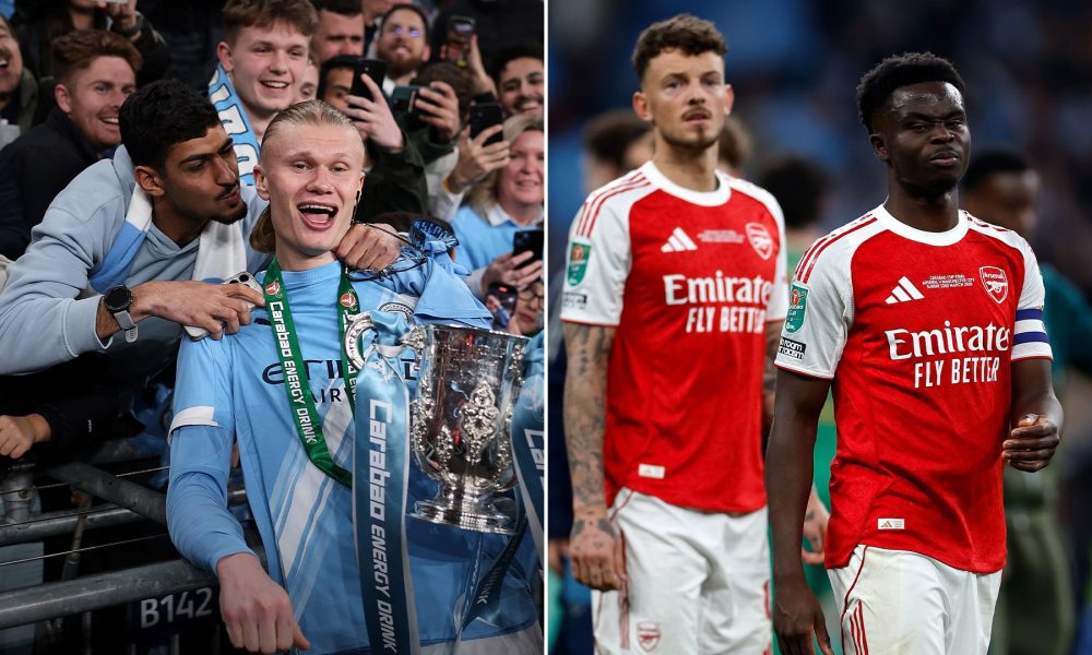 Erling Haaland roars ‘let’s f***ing have it’ with Carabao Cup trophy in his hand as Man City chase down wounded Arsenal